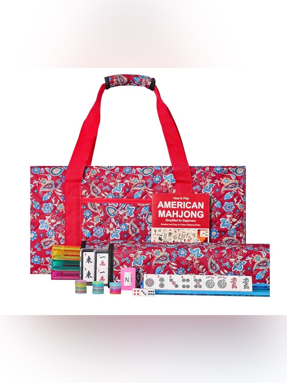🔴 RED PRINT MAHJONG GAME SET 🔴 WHITE TILES 🔴 RACKS 🔴 CARRYING CASE